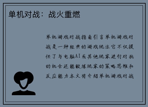 单机对战：战火重燃